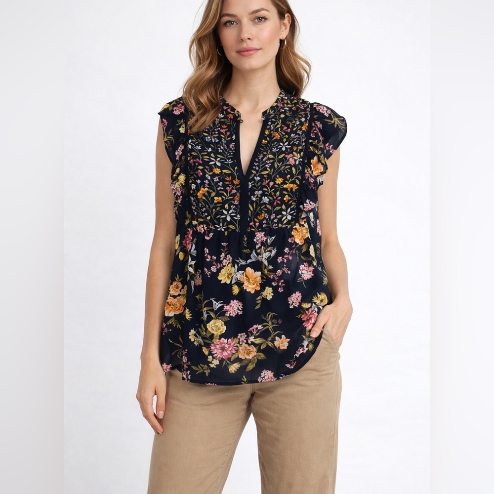 Loft Black Floral Sleeveless Tank Top Pullover Keyhole Women's Small New